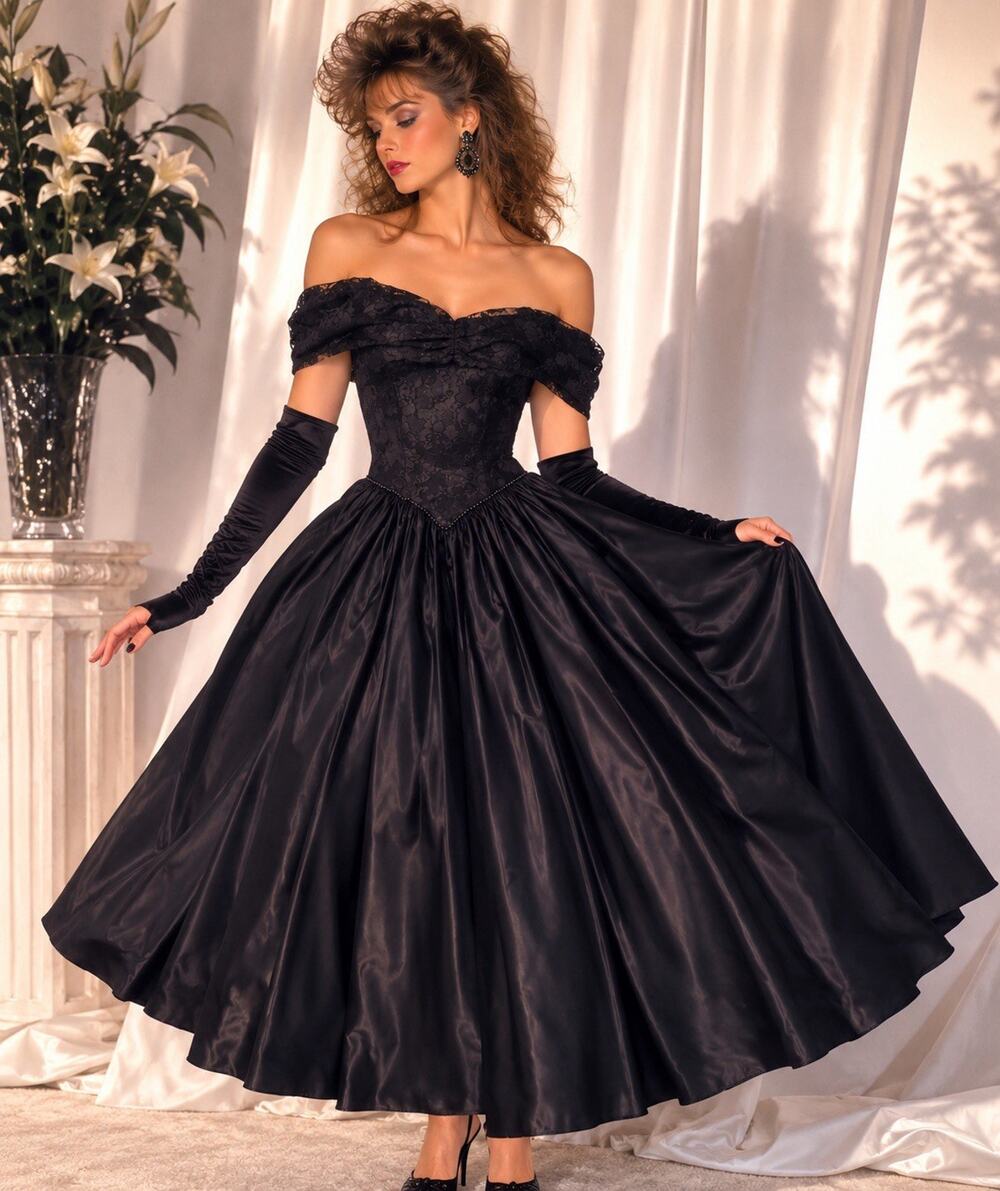 Vintage Black Lace Off Shoulder Gown Basque Waist Satin Event Dress Zum Zum 7/8